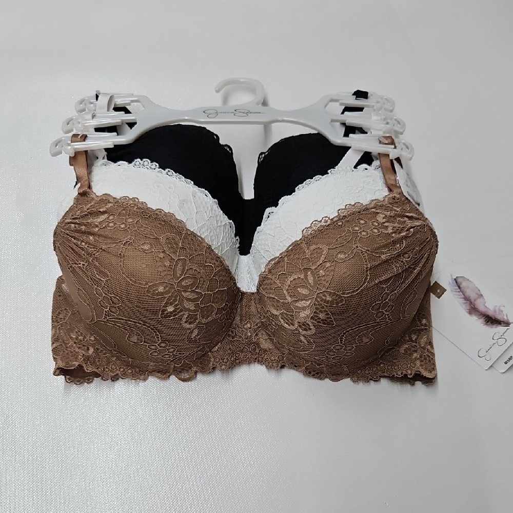 Jessica Simpson Lace Trim Bra Set - Black, White, and Brown